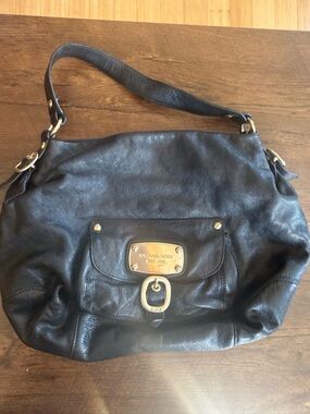 Michael Kors Black Leather Shoulder Bag with Gold Plaque